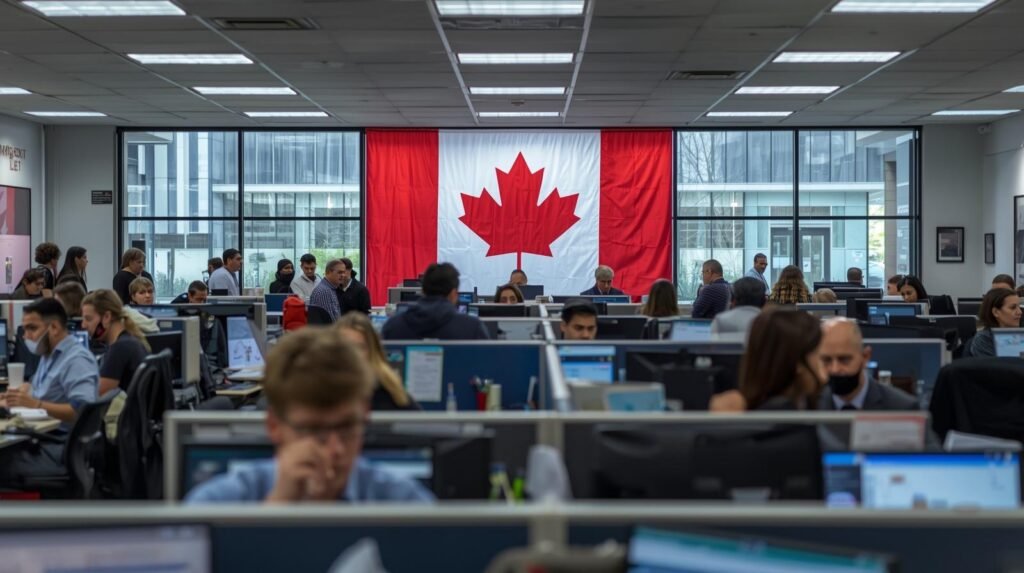 immigration agency working hour office view wide angle canada flag somewhere in back