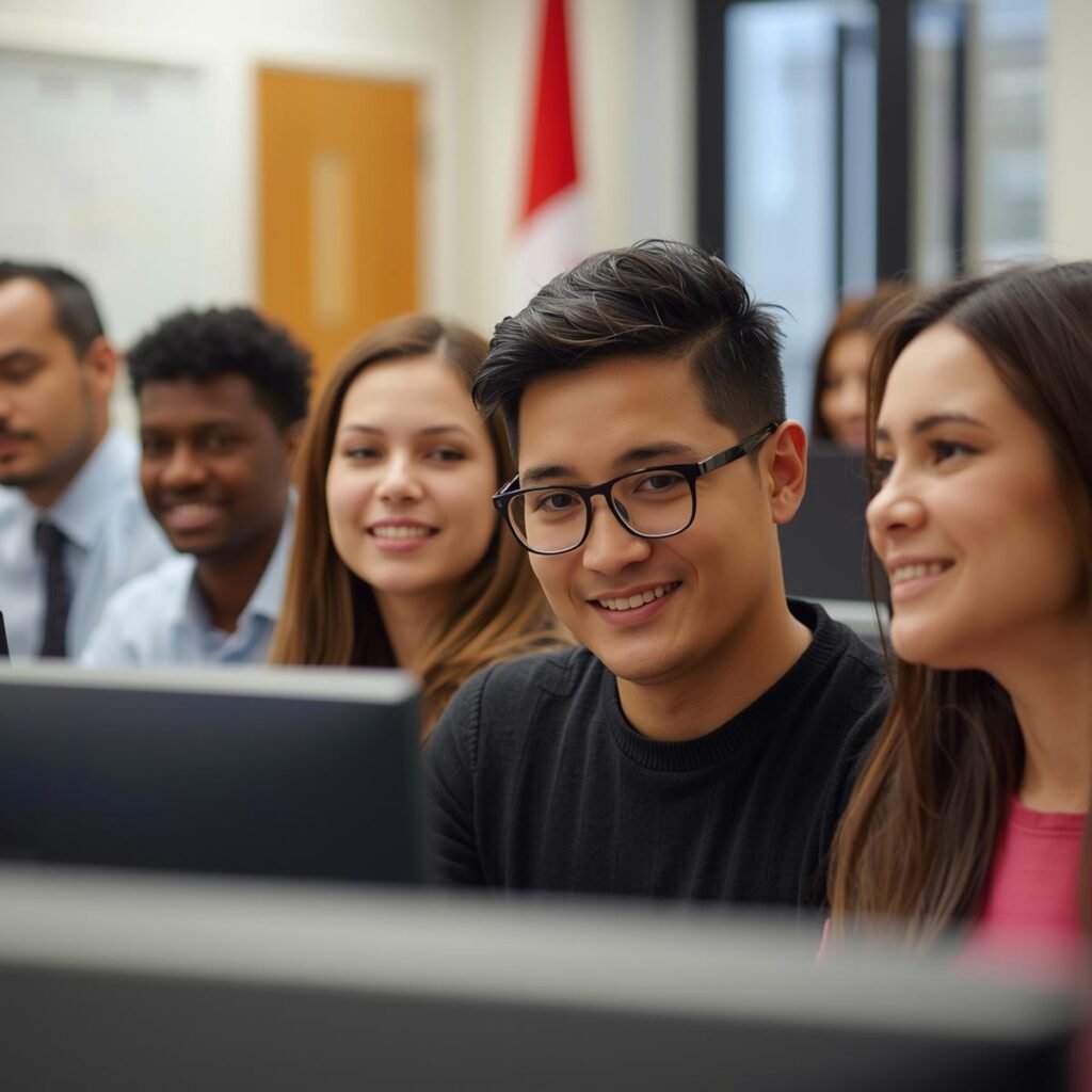 immigration office agency employee group photo, less employee show office more, show canada flag somewhere i back, more workplace in frame (1)
