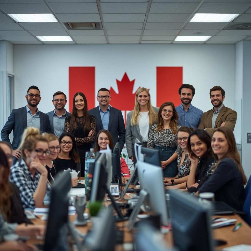 immigration office agency employee group photo, less employee show office more, show canada flag somewhere i back, more workplace in frame